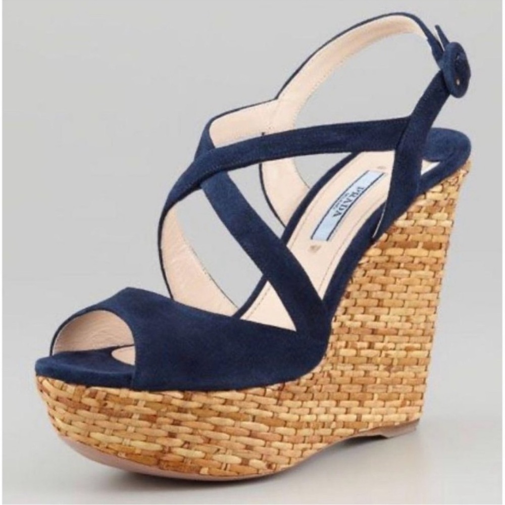 Prada Suede Scamosciato Wicker Wedge Sandals